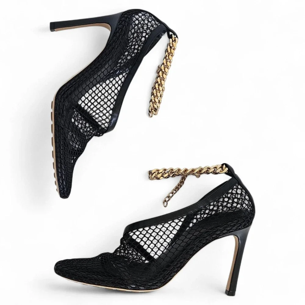 Bottega Veneta Stretch Chain Ankle Strap Nappa Leather Heel Mesh Pumps Size 38 - Picture 11 of 16